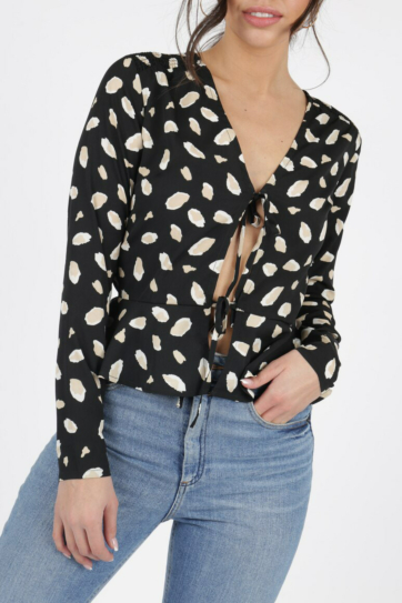 Black Abstract Print Tie Front Blouse