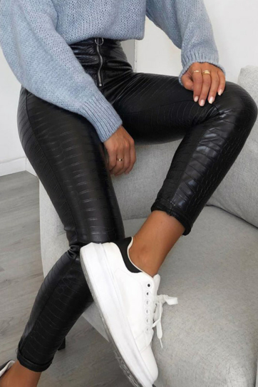 Black Faux Leather Zip Front Croc Trousers