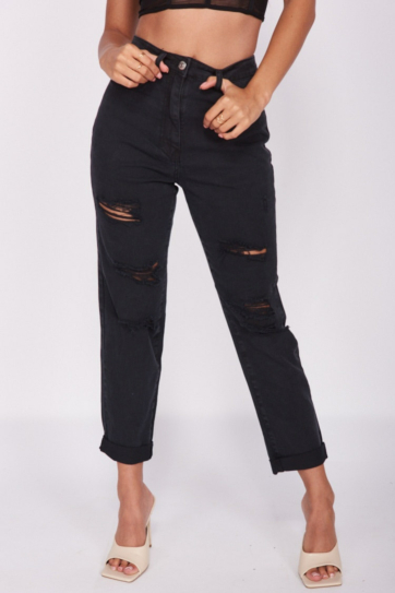 Washed Black Ripped Turn Up Boyfriend Jeans