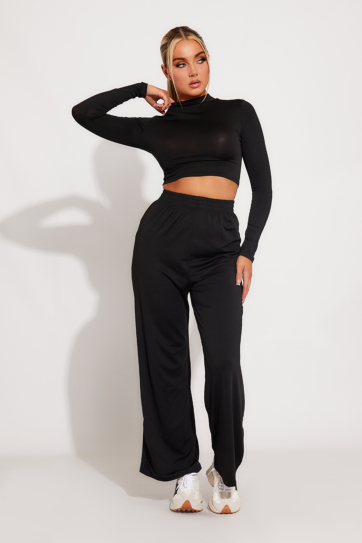 Black High Neck Crop Top & Wide Leg Trousers Co-Ord