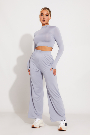 Grey High Neck Crop Top & Wide Leg Trousers Co-Ord