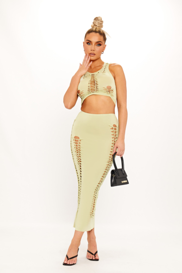 Green Cut Out Ladder Detail Crop Top & Midi Skirt Co-Ord
