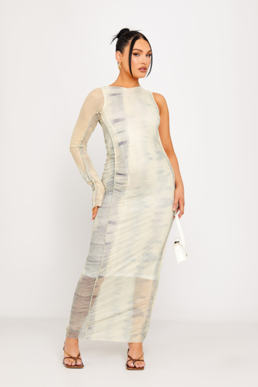 Beige Printed One Shoulder Tulle Asymmetric Midi Dress
