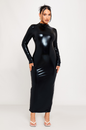 Black Faux Leather High Neck Ruched Midi Dress
