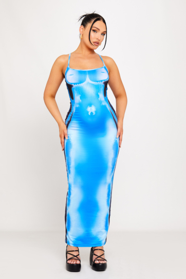 Blue Body Heat Print Strappy Bodycon Maxi Dress