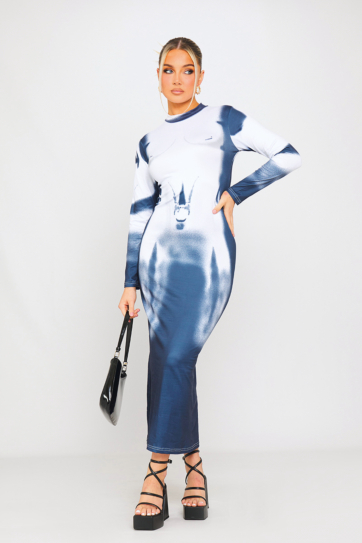 Blue & White Body Art Print High Neck Midi Dress