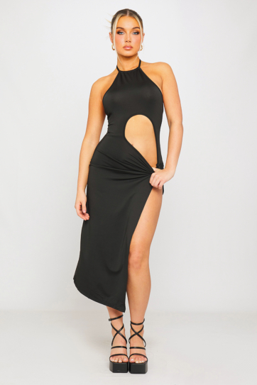Black Halter Cut Out Thigh Split Detail Maxi Dress