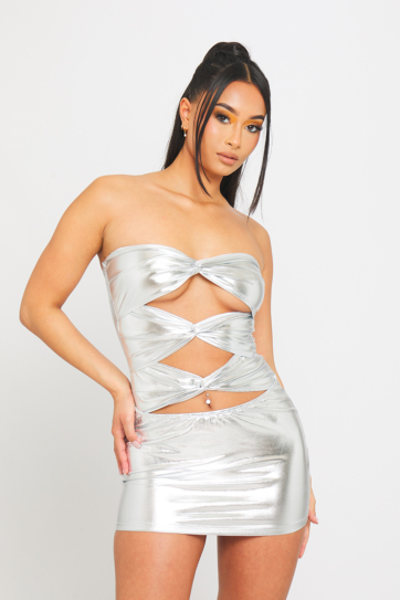 Silver Metallic Ruched Cut Out Detail Bandeau Mini Dress