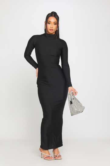 Black High Neck Long Sleeve Bodycon Midaxi Dress