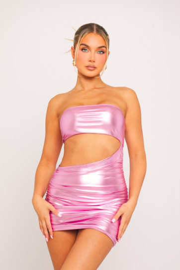 Pink Metallic Cut Out Ruched Bandeau Mini Dress