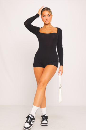 Black Ribbed Square Neck Open Back Long Sleeve Playsuit