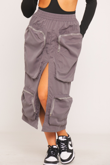 Grey Pocket Detail Split Front Cargo Maxi Skirt