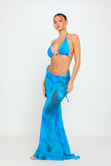 Blue Abstract Print Triangle Bikini & Long Maxi Skirt