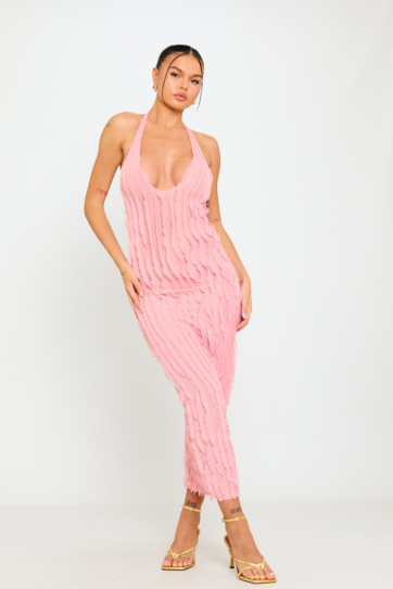 Pink Plunge Halterneck Ruffle Detail Maxi Dress