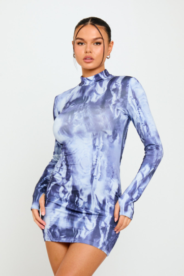 Blue Geometric Print High Neck Long Sleeve Mini Dress