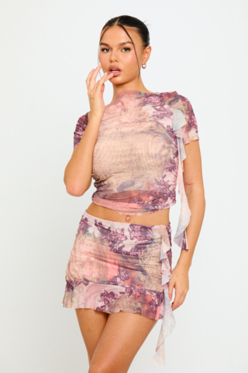 Brown Ruffle Print Asymmetric Top & Mini Skirt Co-Ord