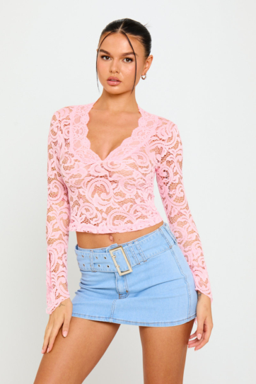 Pink Sheer Lace Plunge Flared Sleeve Crop Top