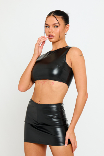Black Faux Leather Sleeveless Crop Top & Low Rise Mini Skirt