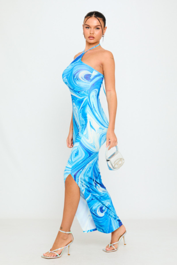 Blue Swirl Print Halterneck Side Split Maxi Dress