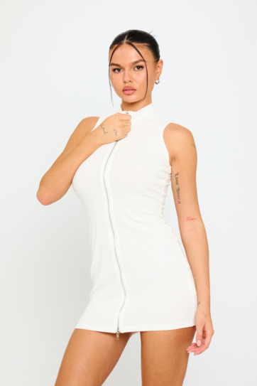 White Zip Front Sleeveless High Neck Mini Dress