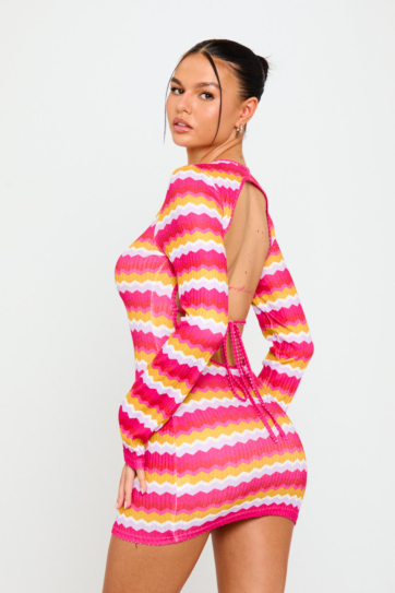 Pink Multi Stripe Knit Open Back Long Sleeve Mini Dress